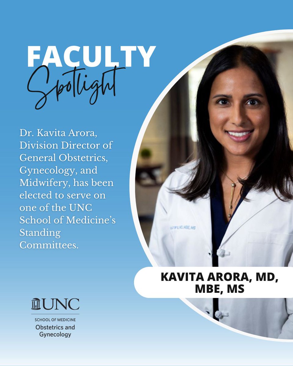 UNCOBGYN's tweet image. 🎉 Please join us in congratulating Dr. Kavita Arora, Division Director of General Obstetrics, Gynecology, and Midwifery, on her recent election to the UNC School of Medicine’s Standing Committees!
Her selection is a reflection of her exceptional leadership, academic…