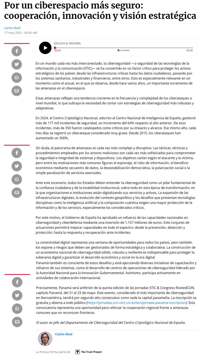 senacyt's tweet image. Les compartimos el artículo de opinión Por un ciberespacio más seguro: cooperación, innovación y visión estratégica, de la autoría de Carlos Abad, jefe del Departamento de Ciberseguridad del Centro Criptológico Nacional de España, publicado en @prensacom prensa.com/opinion/por-un…
