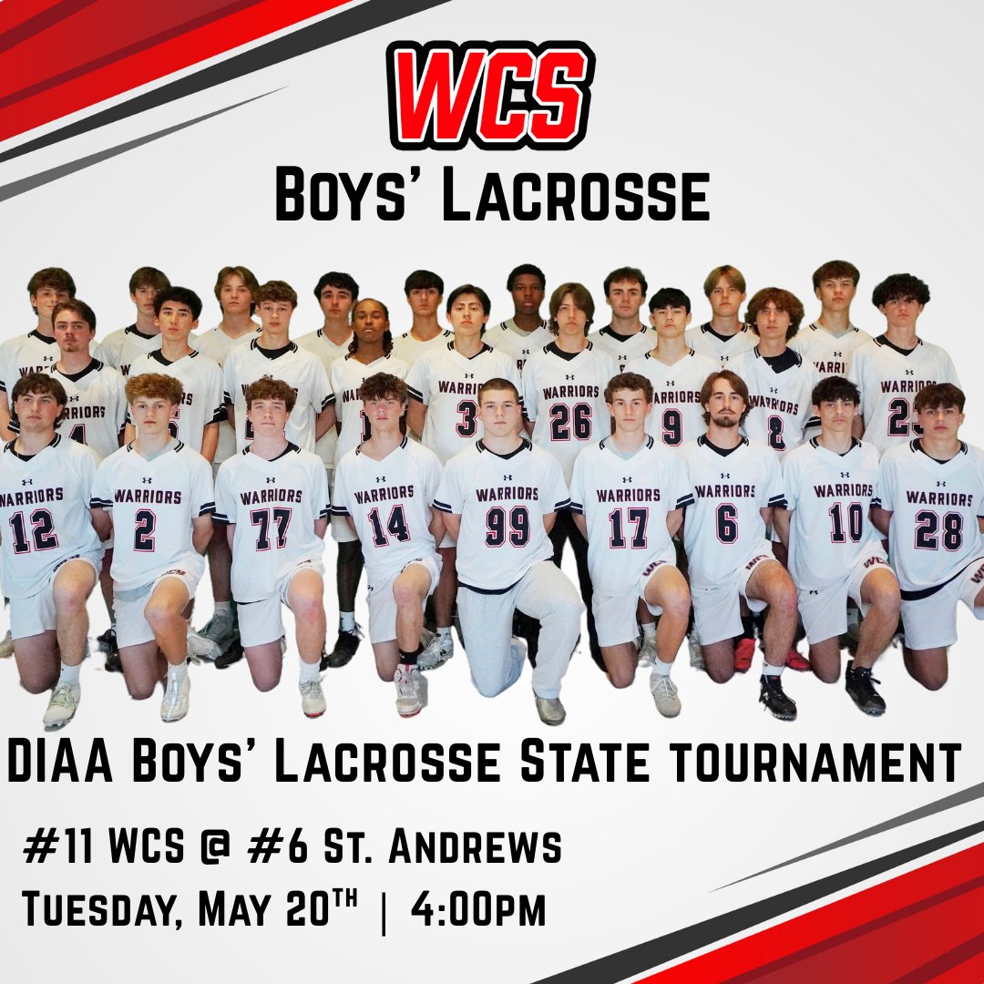 Congrats to boys lax - 11th seed in this year's state tournament.  The game is Tuesday at 4pm at St. Andrews.  See you there!  WARRIOR PRIDE!