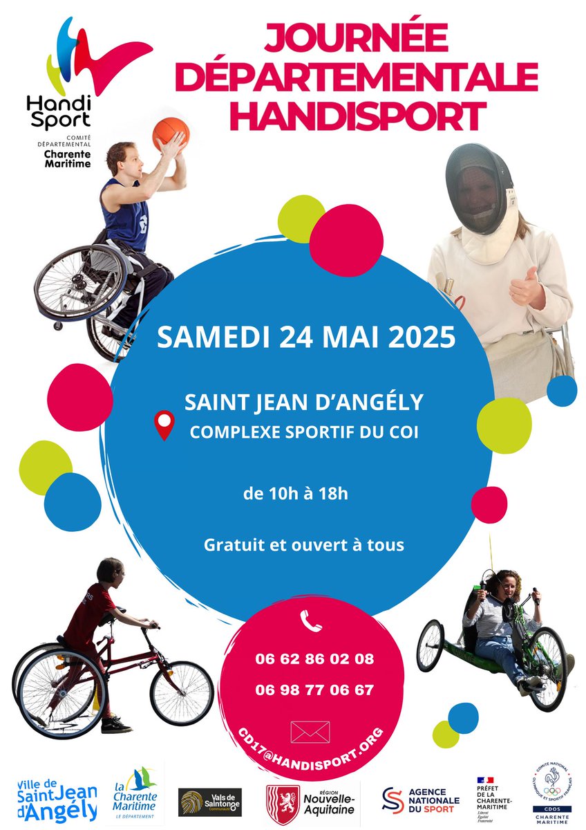Participez à la Journée Départementale Handisport le 24 mai à Saint-Jean-d’Angély !
🏀♿ Initiations, rencontres, animations, vente de matériel…
🤝 Une journée sport, inclusion &amp; partage !
📍10h-18h au Complexe sportif du Coi
ℹ️ handisport17.org/nos-actions/no…
