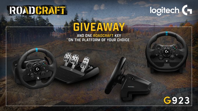 Image promoting a Logitech G923 racing wheel giveaway for Roadcraft featuring steering wheel pedals and Trueforce technology