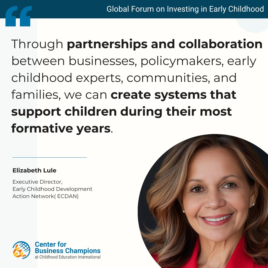 Childhood Education International (@childhoodedintl) on Twitter photo At the Global Forum on Investing in Early Childhood, ECD & business leaders explored the economic & social benefits of investing in young children.
At the event, Elizabeth Lule from <a href="/ECDAction/">Early Childhood Development Action Network (ECDAN)</a> highlighted the importance of partnerships and collaboration.
ceinternational1892.org/businesschampi⦠At the Global Forum on Investing in Early Childhood, ECD & business leaders explored the economic & social benefits of investing in young children.
At the event, Elizabeth Lule from <a href="/ECDAction/">Early Childhood Development Action Network (ECDAN)</a> highlighted the importance of partnerships and collaboration.
ceinternational1892.org/businesschampiā¦