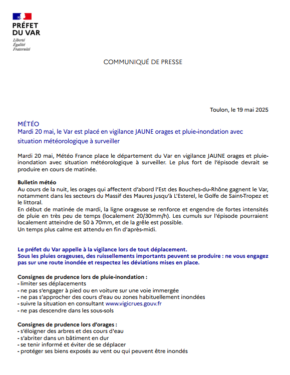 #METEO83 | 🟡Mardi 20 mai, le  #Var est placé en vigilance JAUNE ⚡️orages et ⛈️pluie-inondation avec situation météorologique à surveiller. 
⚠️Le plus fort de l’épisode devrait se produire en cours de matinée et concerner le Massif des Maures jusqu'à l'Esterel, le Golfe de