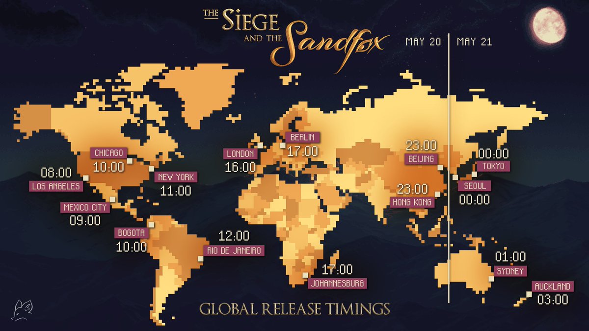 Siege & Sandfox | Wishlist Now! 🦊⬇️ (@siegeandsandfox) on Twitter photo ⌛ RELEASE TIMES ⏳
The sands of time are running out.  The Sandfox's arrival draws near. But when exactly?
At the hands of the Sandfox - a map appears! 🗺️ ⌛ RELEASE TIMES ⏳
The sands of time are running out.  The Sandfox's arrival draws near. But when exactly?
At the hands of the Sandfox - a map appears! 🗺️