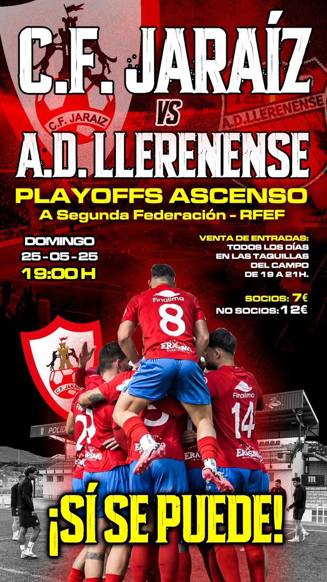 𝗖.𝗙. 𝗝𝗔𝗥𝗔Í𝗭 𝟮𝟰/𝟮𝟱.
Partidazo en Jaraíz, nos lo jugamos todo y hay que llenar el  Municipal!!!
 <a href="/adllerenenseof/">A.D. LLERENENSE</a>
🏆Play Off  2 RFEF.
⚽Semi Vuelta.
🔴🔵C.F. Jaraíz.
⚪⚪A.D. Llerenense 
📅Domingo 25 Mayo
🕖19:00 H
🏟️ Municipal de Jaraiz.
🎟️Socios 7€.
🎟️ Público 12€.