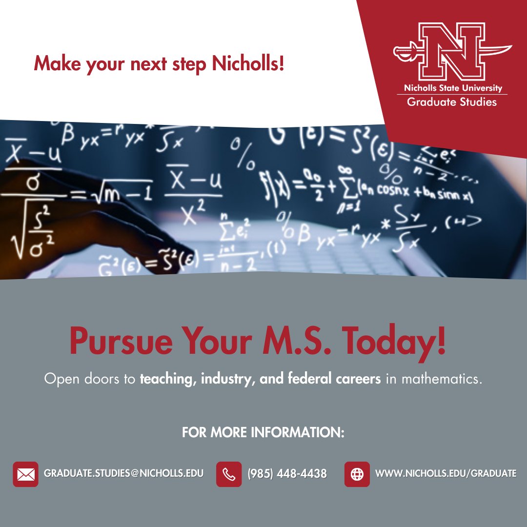 Nicholls State University Graduate Studies (@nichollsugs) on Twitter photo Pursue your M.S. in Community/Technical College Mathematics at <a href="/NichollsState/">Nicholls State University</a>!
Prepare for careers in:
📚 Education
💼 Business & Finance
🔐 Federal roles (NSA)
Fully online, flexible program.
🔗 nicholls.edu/mathematics/gr…
#NichollsMath #MathCareers #STEMJobs #NichollsUGS Pursue your M.S. in Community/Technical College Mathematics at <a href="/NichollsState/">Nicholls State University</a>!
Prepare for careers in:
📚 Education
💼 Business & Finance
🔐 Federal roles (NSA)
Fully online, flexible program.
🔗 nicholls.edu/mathematics/gr…
#NichollsMath #MathCareers #STEMJobs #NichollsUGS