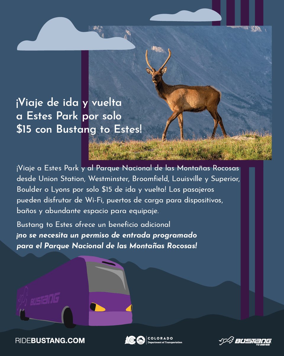 @ridebustang to #Estes is back! Service starts Memorial Day weekend. For the first 2 weeks (5/24-6/1), you can get 25% off tickets with promo code ESTES25. Enjoy WiFi and comfy seats. 🏔️ Get tickets at RideBustang.com 🚍 <a href="/BoulderChamber/">Boulder Chamber</a> #RockyMountain #BoulderCO