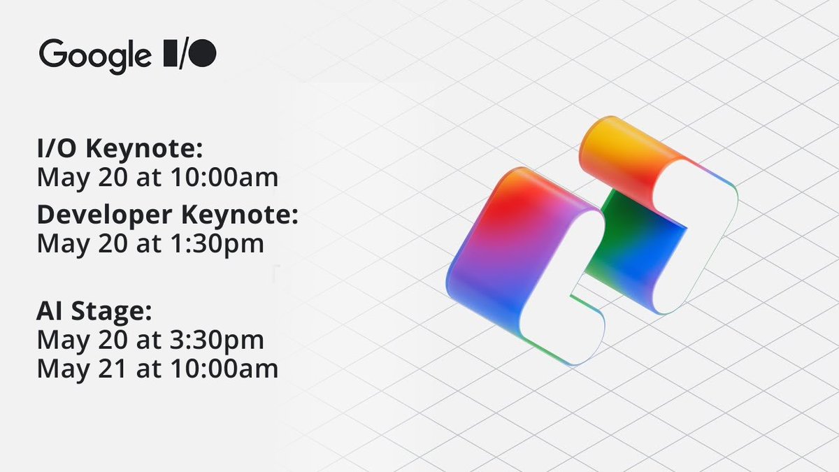 Google I/O starts tomorrow! Here are all the links you need to follow for watching and participating online!!

Keynotes:
💥 Main Keynote: 05/20 @ 10am PT | 7pm CEST
🧑🏻‍💻 Developer Keynote: 05/20 @ 1:30pm PT | 10:30pm CEST

AI Stage:
1️⃣ Demis Hassabis on the frontiers of AI: 05/20 @