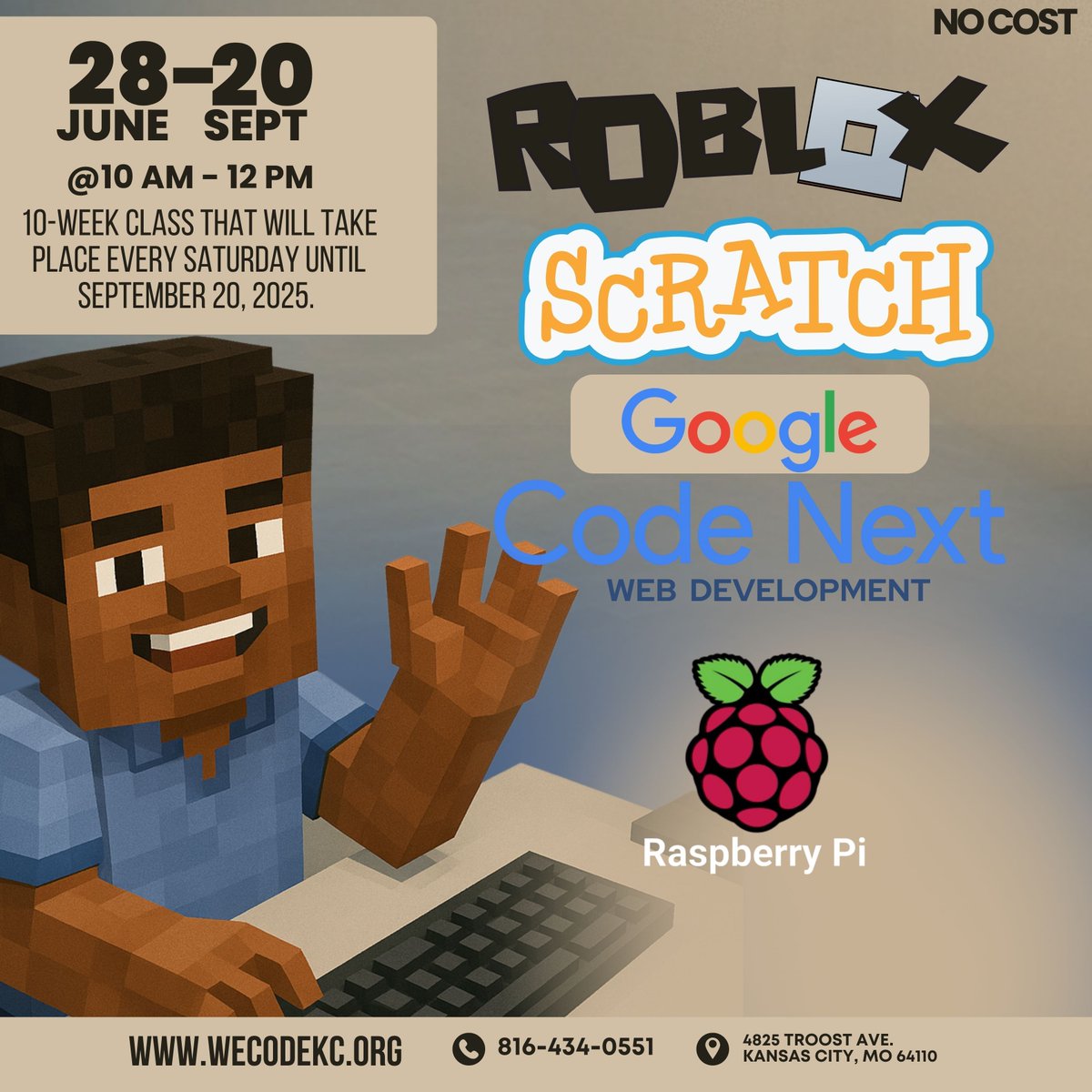 🌐 FREE 10-week coding class! Learn Roblox, Scratch, and more with WeCode KC starting June 28th. Sign up: wecodekc.org/programs #WeCodeKC #CodingKids