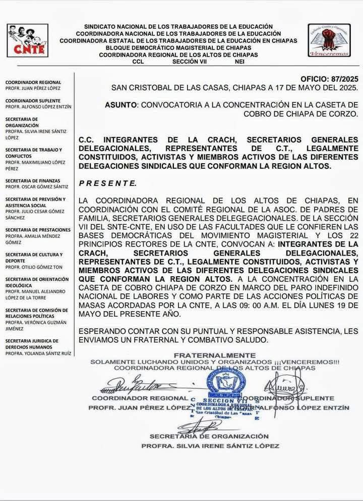 GabyCoutino's tweet photo. Tome precauciones. La @cnte_7 #CNTE @SnteNacional anuncia concentración en la caseta de cobro de autopista #ChiapaDeCorzo #SanCristóbalDeLasCasas a partir de las 9 am. Esto como parte de las acciones políticas del #ParoDeLabores #Magisterial. #Chiapas https://t.co/qrGil8fkrm