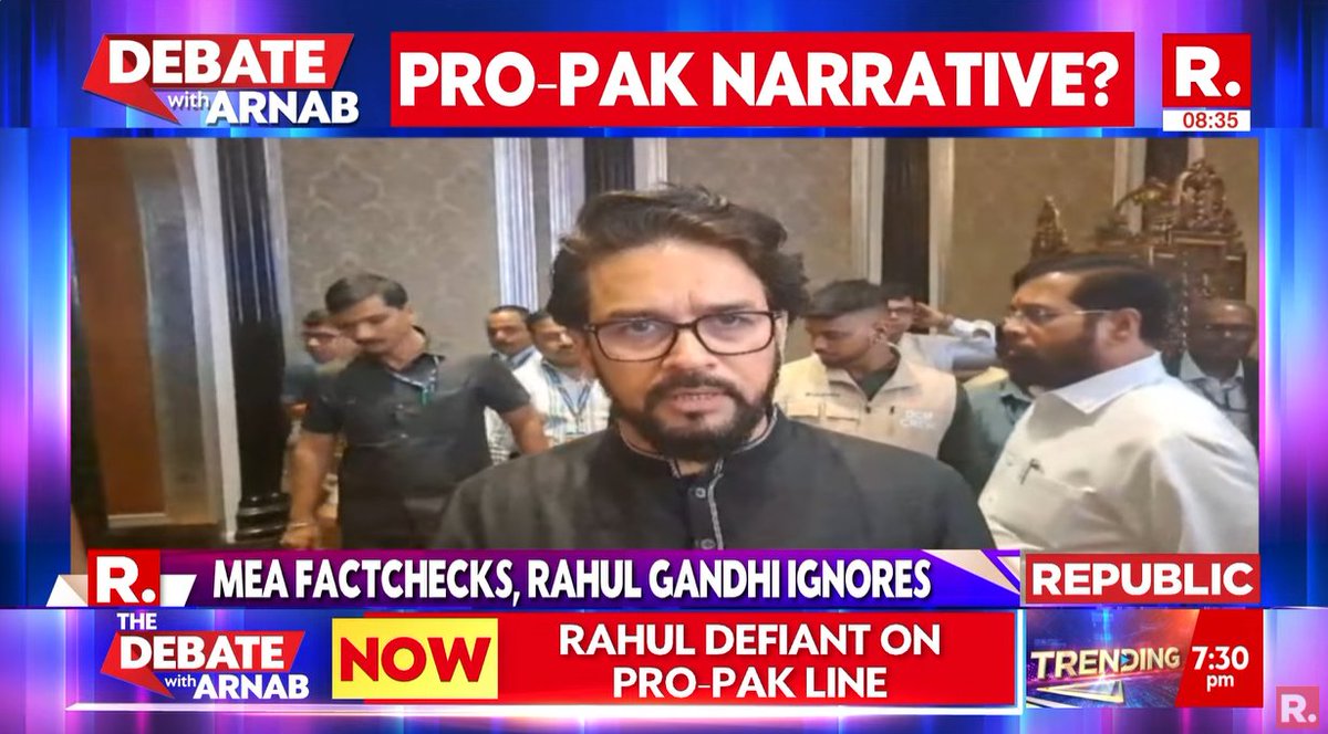 republic's tweet photo. #ProPakRahul | National duty vs political strategy, where does Rahul stand?
#SuperprimetimeMax with Arnab is now #LIVE, on-air, and online. Tune in and fire in your views - https://t.co/TV7Jhd6TZR
#RahulGandhi #MEAOnRahulRemarks #IndiaFighterJets #RahulAtItAgain #OperationSindoor #NationForForces #IndiaPakistan #PakistanIndiaTensions #NationFirst