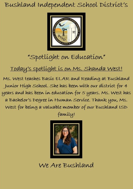 Bushland ISD's Spotlight on Education, Congratulations Ms. West!