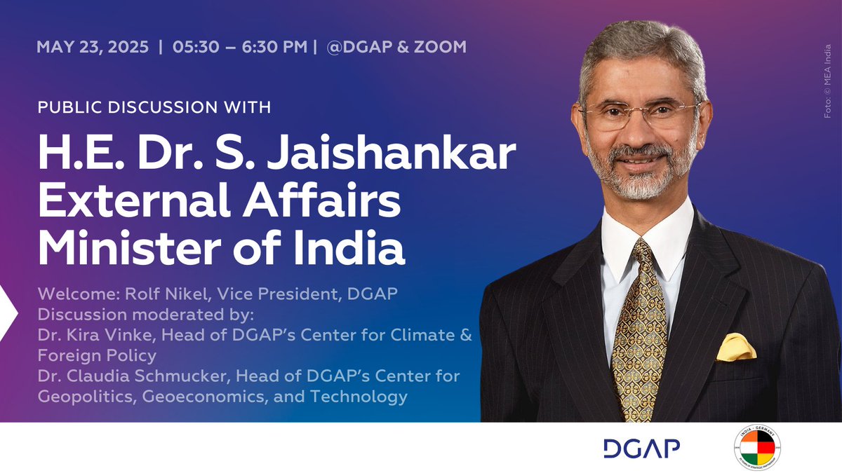 DGAP (@dgapev) on Twitter photo It is our distinct pleasure and honour to welcome H.E. <a href="/DrSJaishankar/">Dr. S. Jaishankar</a>, External Affairs Minister of the Republic of India, to our event “🇩🇪 & 🇮🇳 - Partners for global security & stability” this coming Friday.
You can register for online attendance here:
buff.ly/yvkeTOm It is our distinct pleasure and honour to welcome H.E. <a href="/DrSJaishankar/">Dr. S. Jaishankar</a>, External Affairs Minister of the Republic of India, to our event “🇩🇪 & 🇮🇳 - Partners for global security & stability” this coming Friday.
You can register for online attendance here:
buff.ly/yvkeTOm
