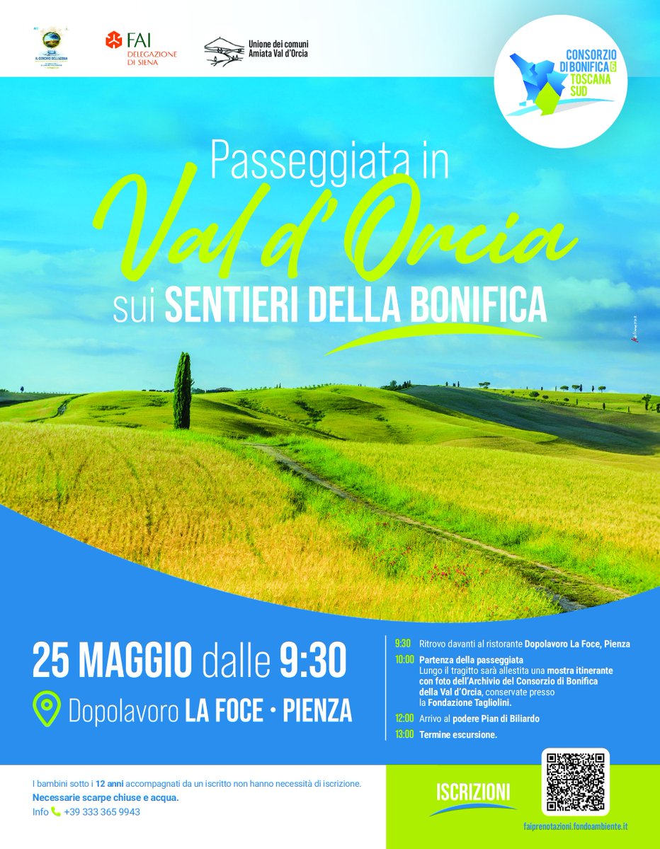 🚶‍♀️ Domenica prossima, 25 maggio, il Consorzio Bonifica 6 Toscana Sud organizza una splendida escursione fra paesaggio e cultura.

Per info, contattare il 📞 333 365 9943

Il programma 👇

#Pienza
#Valdorcia
#Toscana
#Trekking