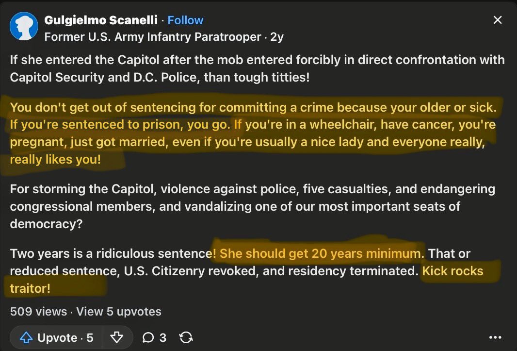 KidDoc32's tweet photo. @atensnut @BobLow2001 Why didn’t they shut down investigations on an elderly lady with cancer?…

Her crime: walking into the Capitol.

They always seem to forget…they’re the ones who set the bar. https://t.co/gosMpvg5Ka