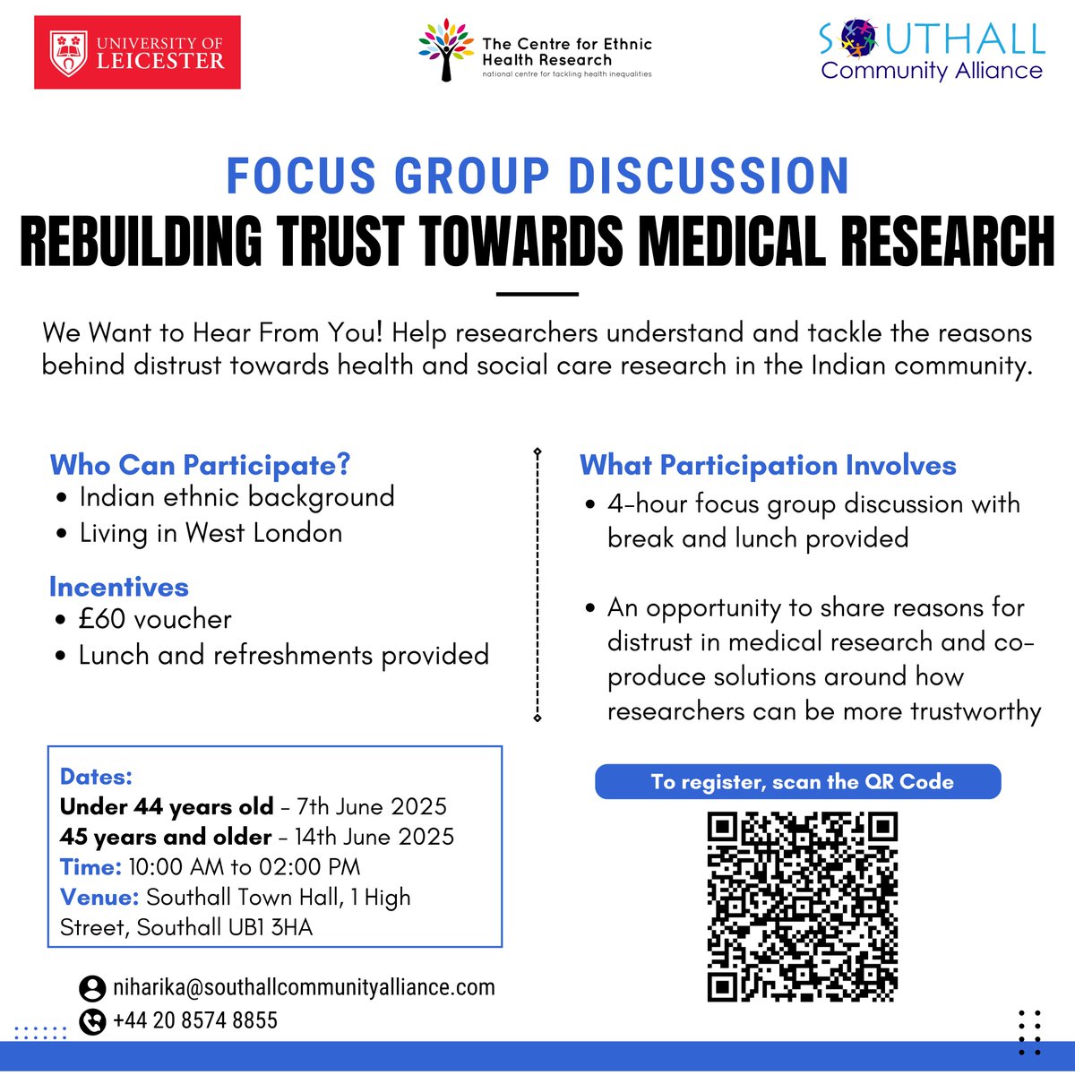 Centre for Ethnic Health Research (@ethnichealthres) on Twitter photo ❓Are you based in London with Indian heritage?
🩺Join our focus groups on co-producing solutions to address mistrust in medical research.
🧧£60 voucher
🥘Lunch provided
📩Limited spaces available - Please get in touch!
<a href="/RiyaPatel91/">Dr Riya Patel</a> <a href="/kamleshkhunti/">Prof Kamlesh Khunti</a> <a href="/ARC_EM/">NIHR ARC East Midlands</a> ❓Are you based in London with Indian heritage?
🩺Join our focus groups on co-producing solutions to address mistrust in medical research.
🧧£60 voucher
🥘Lunch provided
📩Limited spaces available - Please get in touch!
<a href="/RiyaPatel91/">Dr Riya Patel</a> <a href="/kamleshkhunti/">Prof Kamlesh Khunti</a> <a href="/ARC_EM/">NIHR ARC East Midlands</a>