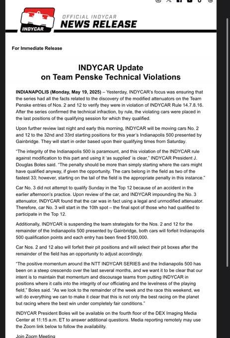RaulBenitoM's tweet image. #IndyMovistarPlus finalmente @IndyCar sancionan a
@josefnewgarden y @12WillPower en la parrilla de salida de #Indy500📷 por affaire de las verificaciones en la clasificación del domingo. Saldrán los dos últimos en los puestos 32 y 33 en parrilla. Lo vivimos el domingo en
@vamos
.