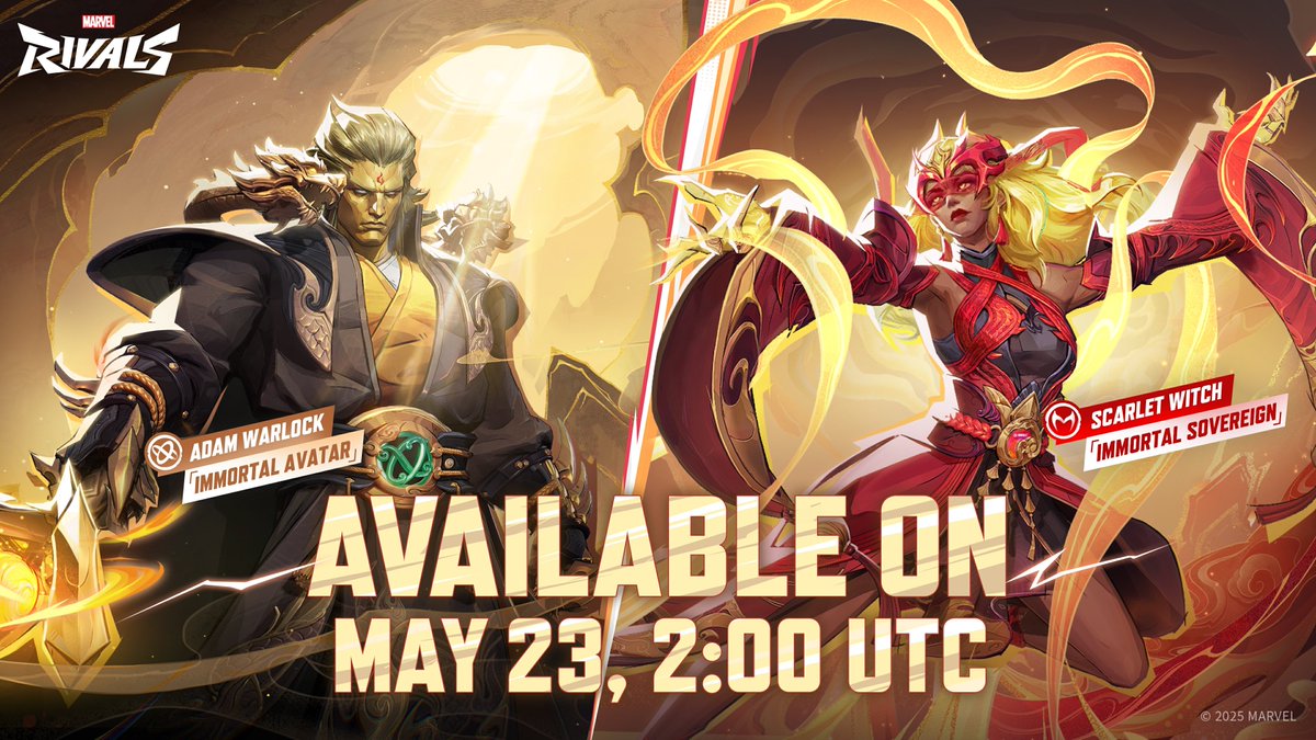 🛒 TERÁ SUA COMPRA? Os trajes Avatar Imortal para Adam Warlock e Soberana Imortal para Feiticeira Escarlate chegam na loja do #MarvelRivals na quinta-feira, às 23h BRT! 🐉