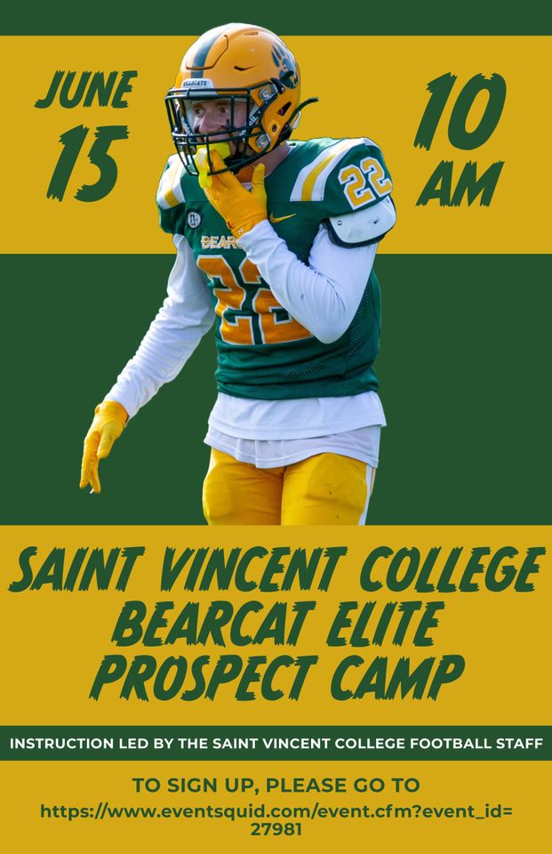 🚨🚨CAMP SEASON🚨🚨

Don't miss your chance to come camp with the Bearcats! Get coached by the Saint Vincent Staff and be evaluated by other college programs! 

JUNE 15TH @ Saint Vincent College

eventsquid.com/event.cfm?id=2…