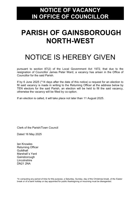 Gainsborough Town Council (@gainstc) on Twitter photo Notice of vacancy in office of councillor for the Gainsborough North-West ward. Notice of vacancy in office of councillor for the Gainsborough North-West ward.