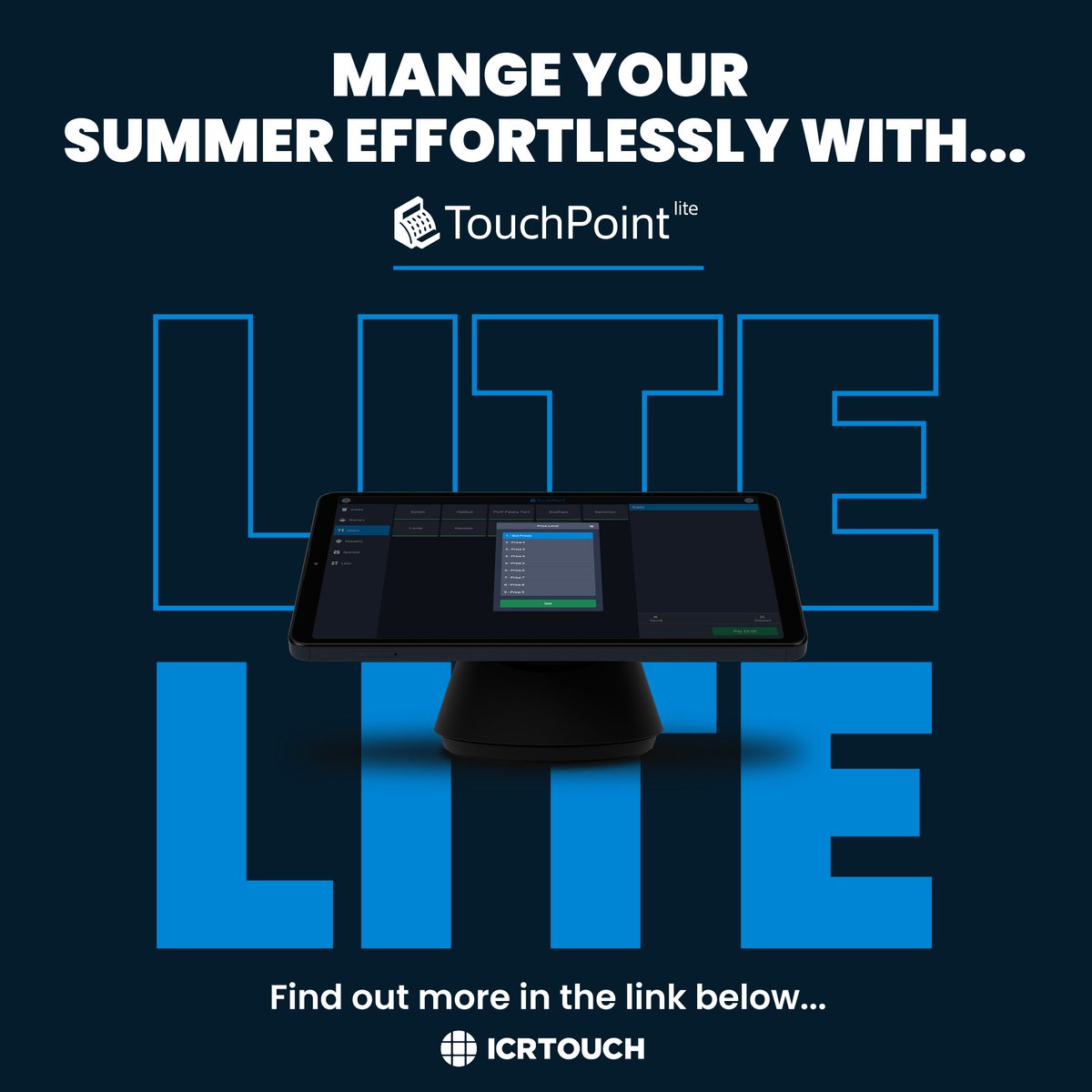 TouchPoint lite is the ultimate summer sidekick!💙

Whether you're at festivals, pop ups, or busy beer gardens, this is the EPoS solution you need to stay ahead and serve faster🤩📲

Find out more below👇
icrtouch.com/products/touch…

#touchpoint #icrtouch #summer