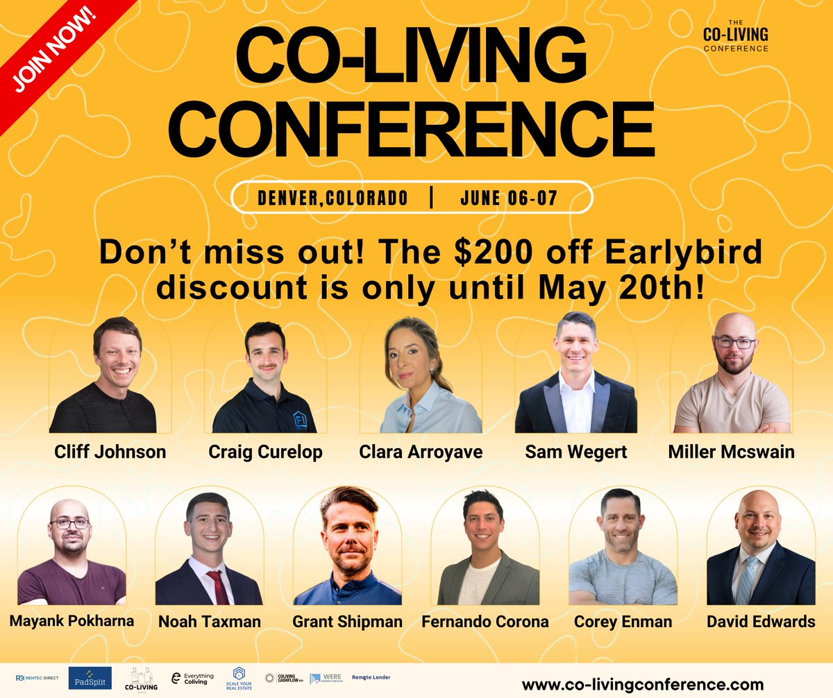 ⏰ Save $200—Early Bird ends May 20! 🚀 

Join the Co-Living Conference, June 6-7, 2025, Denver, CO. Learn from Cliff Johnson, Sam Wegert &amp; more. Co-LivingConference.com #colivingcommunity #colivingconference