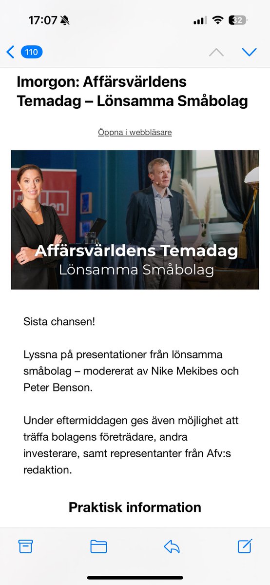 Nyfiken på lönsamma småbolag? Fåtal platser kvar till morgondagens seminarie som jag har äran att moderera tillsammans med <a href="/benson_ptr/">Peter Benson</a>. Anmälan här: …arsvarldens-temadagar.confetti.events/?utm_source=Af…