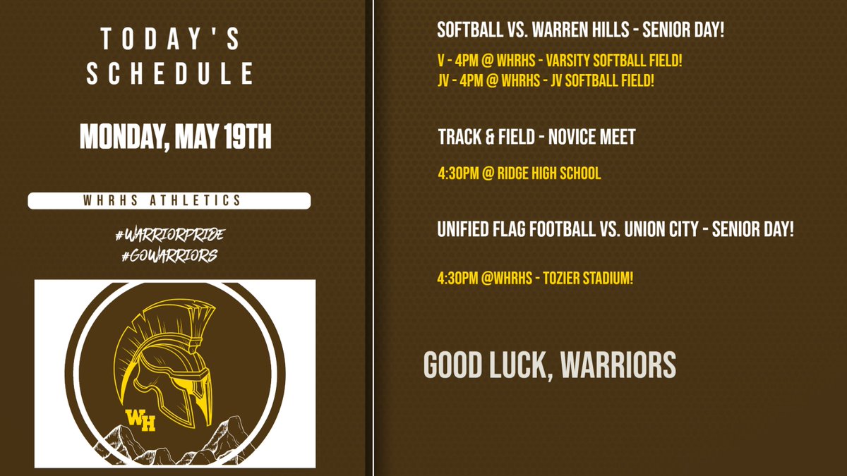 WHRHS Athletics (@whrhs_athletics) on Twitter photo Today's Athletic Schedule. Good luck, Warriors! <a href="/WarrenTAP/">Warren TAP</a> <a href="/whrhs_district/">Watchung Hills Regional High School</a> Today's Athletic Schedule. Good luck, Warriors! <a href="/WarrenTAP/">Warren TAP</a> <a href="/whrhs_district/">Watchung Hills Regional High School</a>