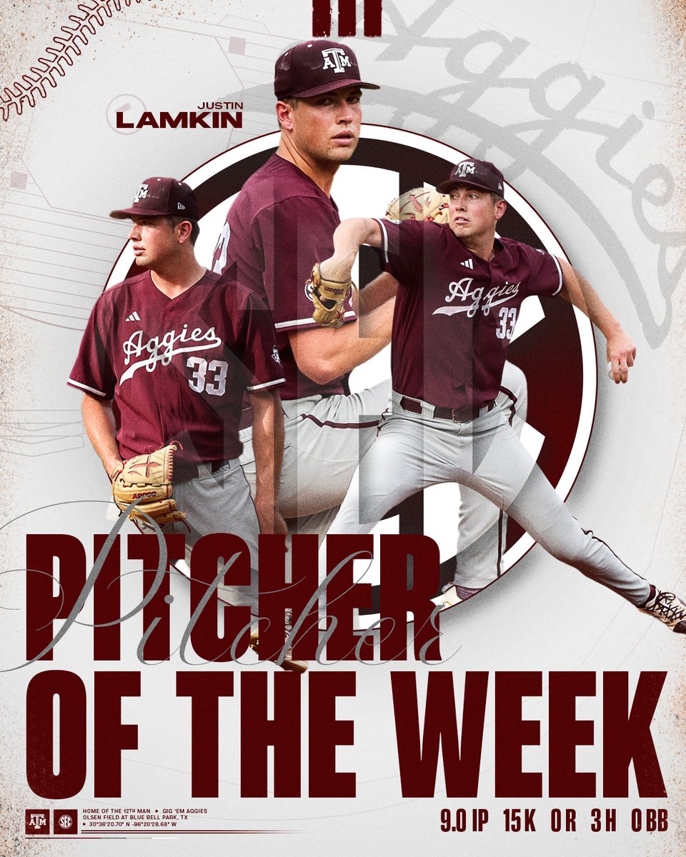 Texas A&M Baseball (@aggiebaseball) on Twitter photo A dominant outing from 3⃣3⃣ leads to <a href="/SEC/">Southeastern Conference</a> Pitcher of the Week honors 👍
📰: aggi.es/3YQBrKc
#GigEm A dominant outing from 3⃣3⃣ leads to <a href="/SEC/">Southeastern Conference</a> Pitcher of the Week honors 👍
📰: aggi.es/3YQBrKc
#GigEm