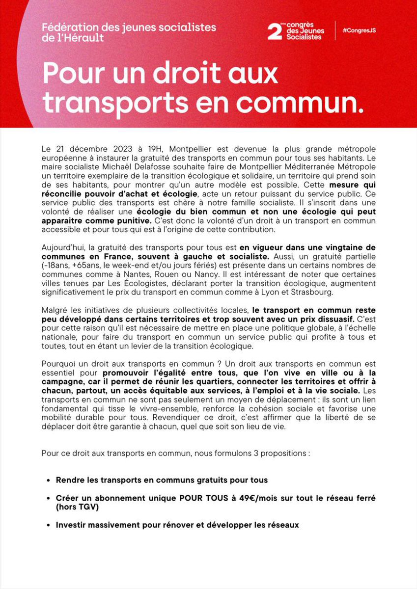 RomainGourdin1's tweet photo. Heureux que notre contribution « Pour un droit aux transports en commun » rédigée avec @victor_certain ait été adoptée à la quasi unanimité lors du congrès JS de Nancy.

Pour un droit à la mobilité, pour la gratuité des transports, pour l’investissement dans les réseaux ✊ https://t.co/UzlFEjgG7y
