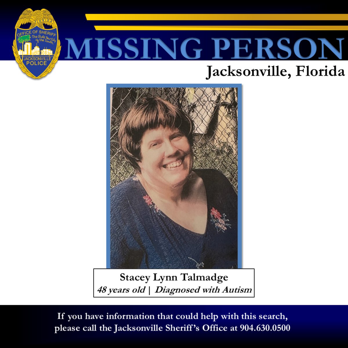 Jax Sheriff's Office (@jsopio) on Twitter photo ๐๐๐๐ ๐๐๐ ๐๐๐๐ ๐๐๐๐ ๐๐๐๐๐๐๐ ๐๐๐๐๐?
Your #JSO Missing Persons Unit and patrol officers are actively searching for 48-year-old Stacey Lynn Talmadge, who was last seen on 8th Street in the Fairfield area of Jacksonville around 10 p.m. last night. We ๐๐๐๐ ๐๐๐ ๐๐๐๐ ๐๐๐๐ ๐๐๐๐๐๐๐ ๐๐๐๐๐?
Your #JSO Missing Persons Unit and patrol officers are actively searching for 48-year-old Stacey Lynn Talmadge, who was last seen on 8th Street in the Fairfield area of Jacksonville around 10 p.m. last night. We
