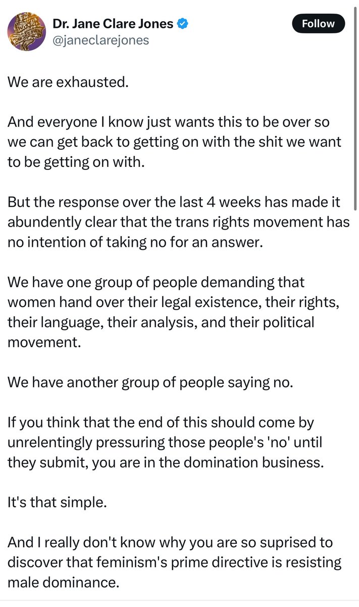 StephanieJaneG6's tweet image. What’s the matter @janeclarejones ?
Feeling that your ‘victory’ of hate over trans people is proving pyrrhic?
The worst ‘enemy’ is the one you create that has no other choice but to keep fighting.
Hope you’re in this for the long haul, bcos we are!
And this trans woman says ‘No!’