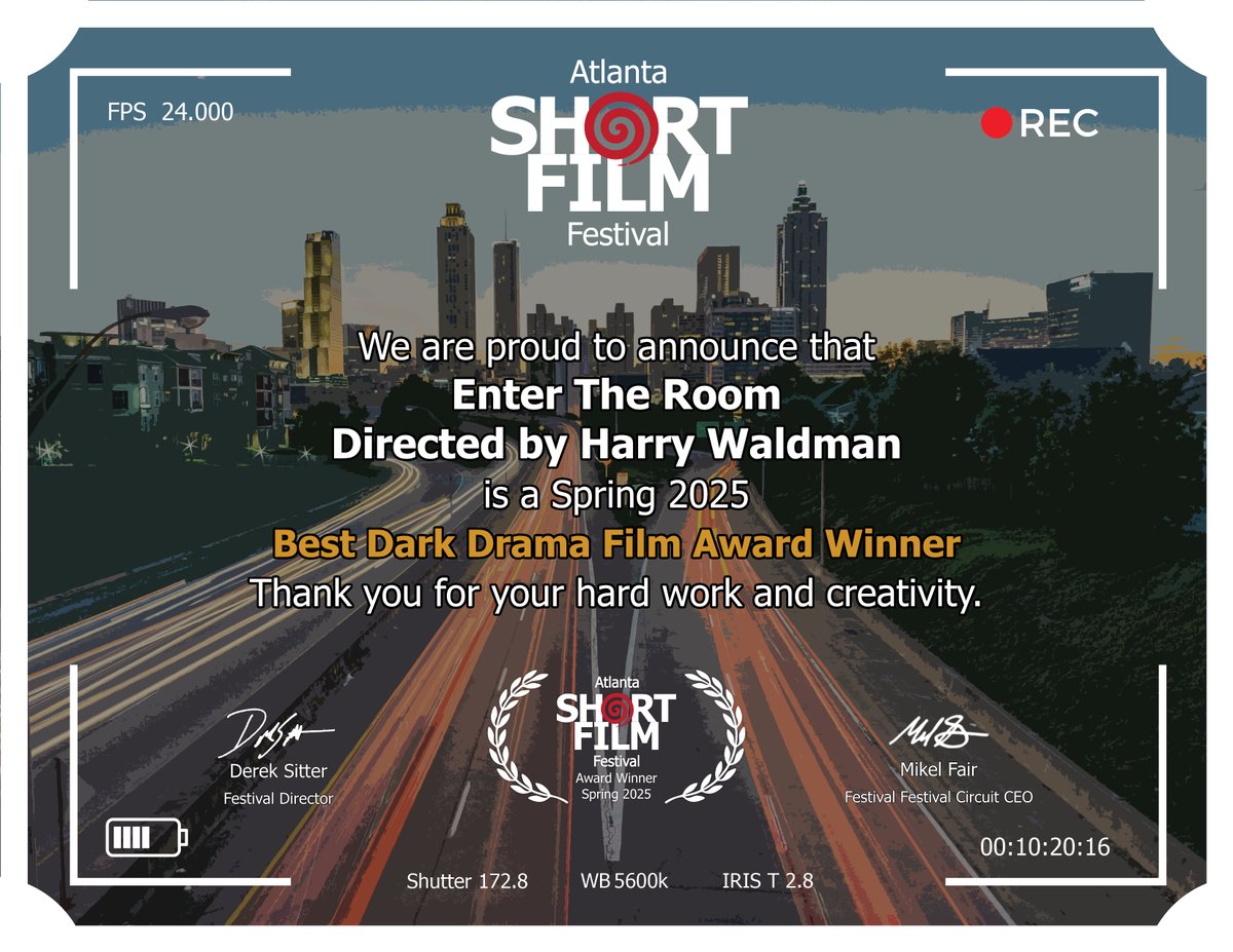 Thanks to the Atlanta Short Film Festival for awarding "Enter the Room" for Best Dark Drama Film!!!