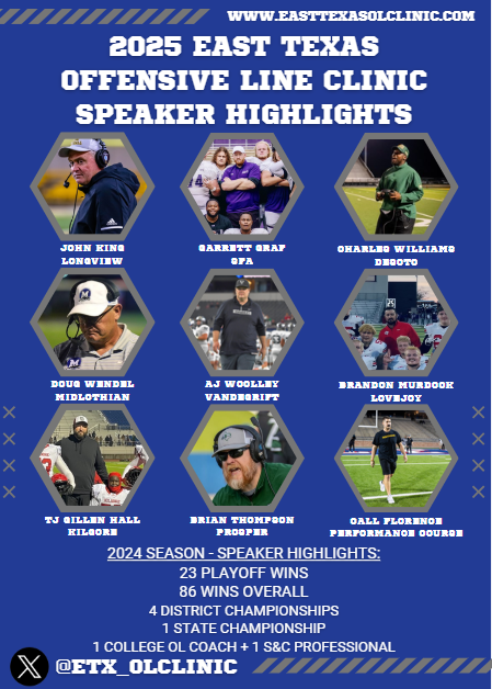 East Texas OL Clinic (@etx_olclinic) on Twitter photo 🚨COACHES🚨
2 WEEKS UNTIL THE EAST TEXAS OL CLINIC!
- May 31st
- Great Speakers (College, High School OC's and OL Coaches, S&C)
- Great Food
- Great Networking Opportunities
- Live Demos
SIGN UP LINK:
bit.ly/ETXOLClinic
<a href="/SFACoachGraf/">Garrett Graf</a> <a href="/callflorence3/">Coach Flo</a> <a href="/PCnowisthetime/">Performance Course</a> <a href="/dctf/">Dave Campbell's Texas Football — TexasFootball.com</a> 🚨COACHES🚨
2 WEEKS UNTIL THE EAST TEXAS OL CLINIC!
- May 31st
- Great Speakers (College, High School OC's and OL Coaches, S&C)
- Great Food
- Great Networking Opportunities
- Live Demos
SIGN UP LINK:
bit.ly/ETXOLClinic
<a href="/SFACoachGraf/">Garrett Graf</a> <a href="/callflorence3/">Coach Flo</a> <a href="/PCnowisthetime/">Performance Course</a> <a href="/dctf/">Dave Campbell's Texas Football — TexasFootball.com</a>