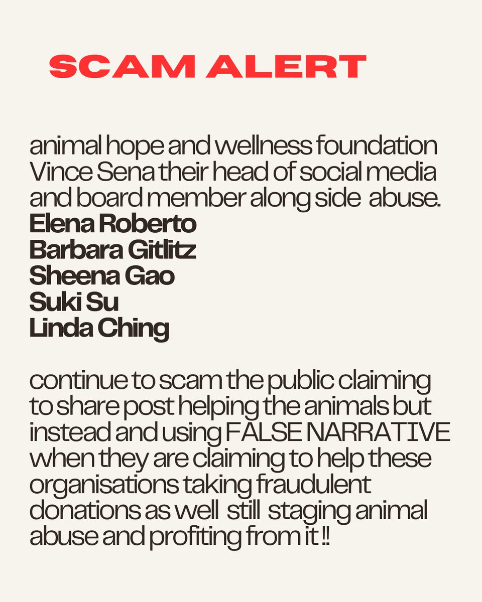 AHopeWScams's tweet photo. DO NOT DONATE to #Animalhopeandwellnessfoundation please report #marcching #vincesena his associates for animal abuse & international scams !!
@FBILosAngeles @IRSnews @INTERPOL_HQ https://t.co/gWxWGehMVR