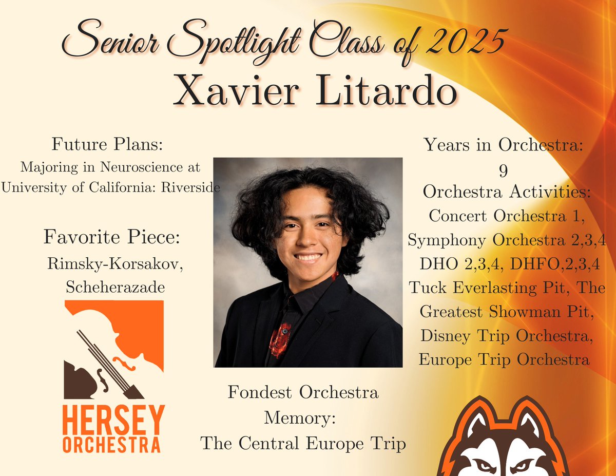 Congratulations to our next 2025 Senior Spotlight: Xavier Litardo! (Senior Violinist) We are so proud of your commitment to the Chamber and Symphony orchestras