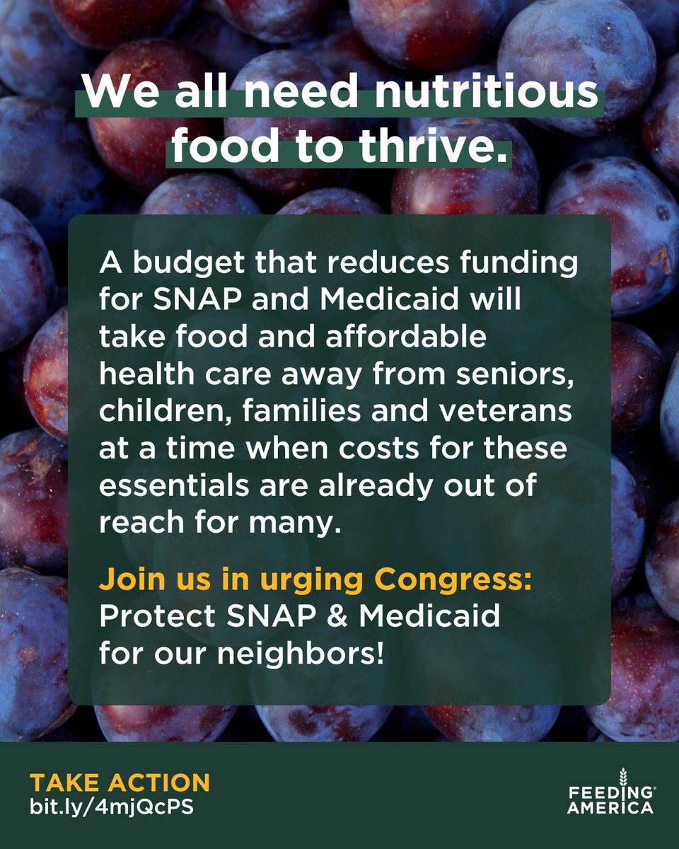 FeedingAmerica's tweet photo. SNAP &amp; Medicaid help our hardworking neighbors access the food and medical care we all need to thrive. 

We ask lawmakers to protect essential food and health care program funding.  

Congress: Don't cut SNAP &amp; Medicaid. Add your voice ➡️ https://t.co/Uln09wwh2b https://t.co/i54YpQk6RM