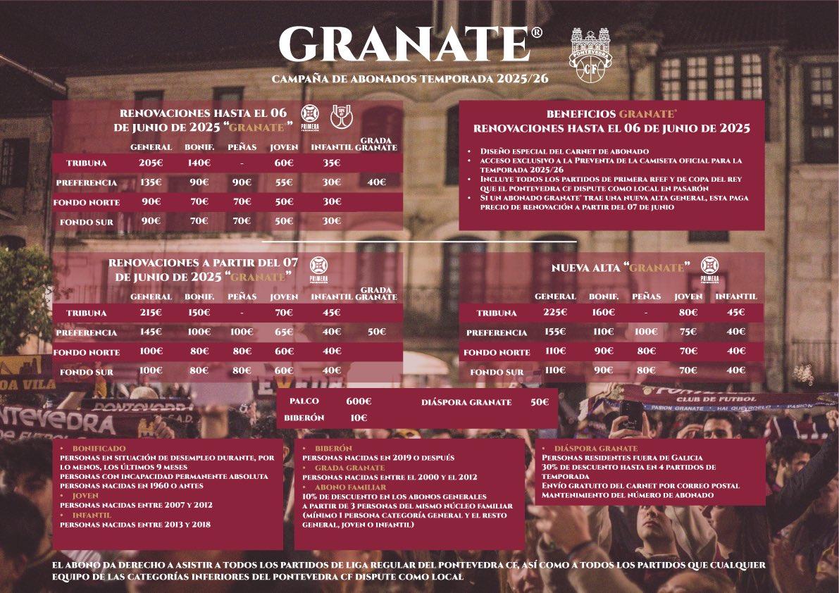 PontevedraCFSAD's tweet image. 𝙶𝚁𝙰𝙽𝙰𝚃𝙴®️

Para vós, GRANATES DE PRIMEIRA 😍

📢 Por estar sempre ao noso carón, a vosa fidelidade ten premio 🏆

👉 Renova o teu abono para Primeira RFEF ata o 6 de xuño e mantén o prezo da pasada tempada

👉 Ademais, terás un carné con un deseño moi especial ♥️