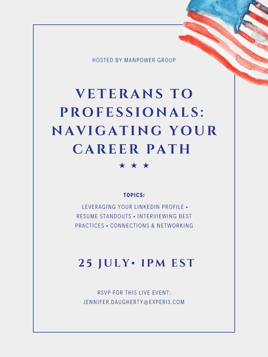 #HireAVeteranDay is coming and ManpowerGroup is making it count! We’re hosting a free webinar, “Veterans to Professionals: Navigating Your Career Path,” on July 25 at 1 p.m. EDT.