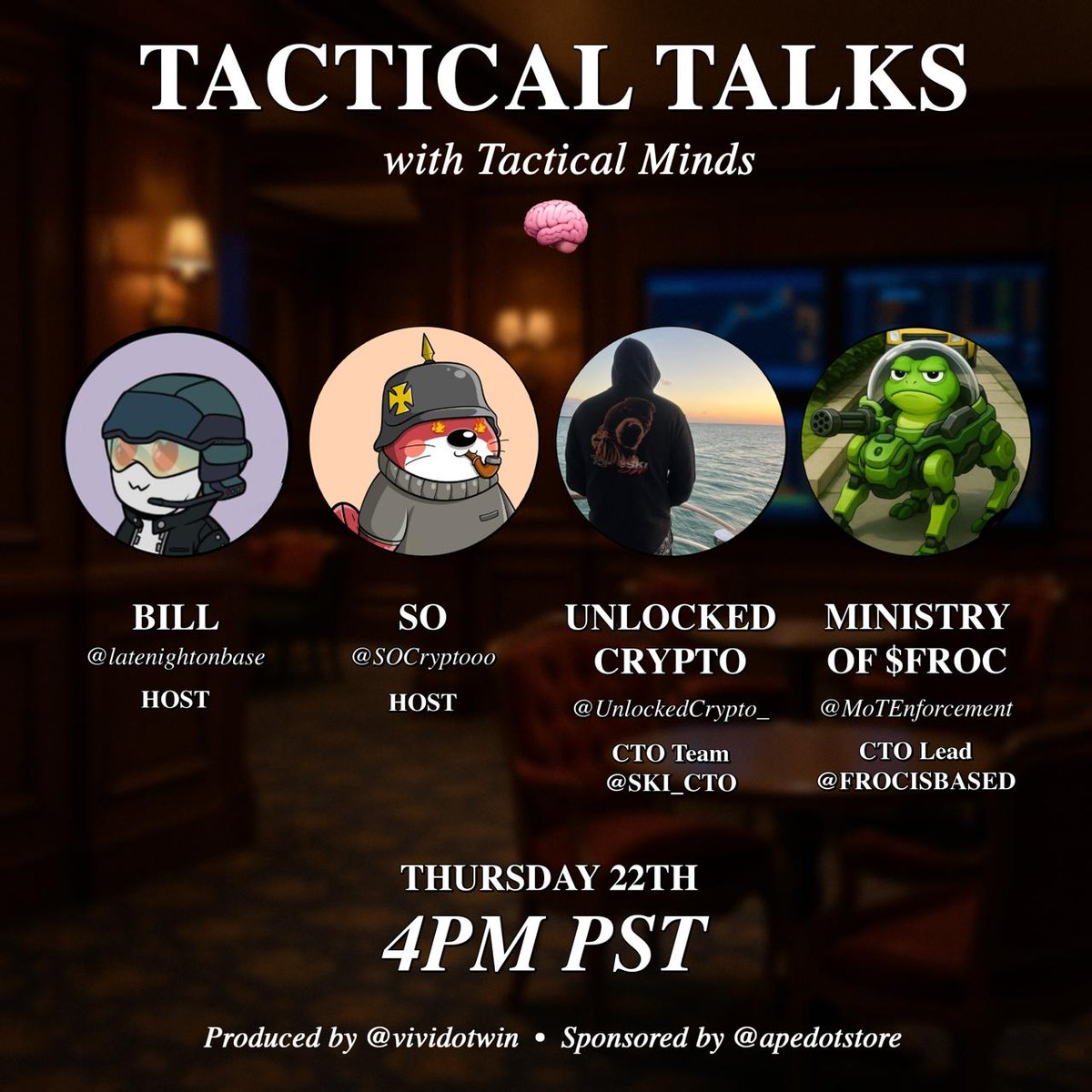 SO (@socryptooo) on Twitter photo Not even been a week and <a href="/vividotwin/">VIVI👒💰🥃</a> helping bring a presence with shows like <a href="/Tactical_Talks/">Tactical Talks</a>
Great line up as I'm hosting alongside <a href="/latenightonbase/">Bill- Late Night on Base</a>
With <a href="/UnlockedCrypto_/">Unlocked Crypto</a> and <a href="/MoTEnforcement/">Ministry Of $FROC</a> as talkers.
<a href="/Ski_CTO/">Ski Mask Dog</a> <a href="/frocisbased/">Froc</a> Not even been a week and <a href="/vividotwin/">VIVI👒💰🥃</a> helping bring a presence with shows like <a href="/Tactical_Talks/">Tactical Talks</a>
Great line up as I'm hosting alongside <a href="/latenightonbase/">Bill- Late Night on Base</a>
With <a href="/UnlockedCrypto_/">Unlocked Crypto</a> and <a href="/MoTEnforcement/">Ministry Of $FROC</a> as talkers.
<a href="/Ski_CTO/">Ski Mask Dog</a> <a href="/frocisbased/">Froc</a>