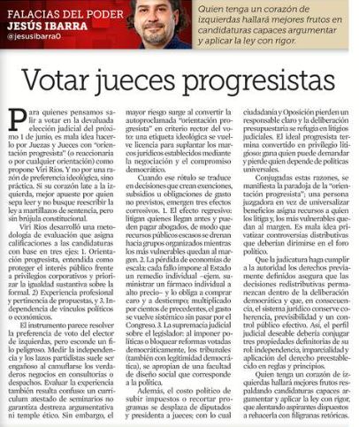 En la devaluada elección judicial del 1 de junio, no es buena idea votar por la etiqueta ideológica de las candidaturas —progresista, reaccionaria o la que sea— como sugiere <a href="/Viri_Rios/">Viri Ríos</a>. 
Mejor apoyar a quien argumenta y aplica la ley con rigor, no a quienes pretenden reescribirla