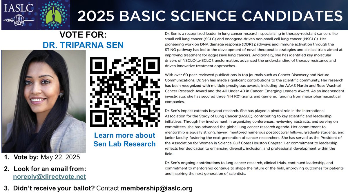Honored to be nominated for the Basic Science Seat on the <a href="/IASLC/">IASLC</a> Board of Directors election. 

My commitment to IASLC has deepened over the years of dedicated service, including leading multiple Hot Topic meetings, shaping programming for several World Lung Conferences, and