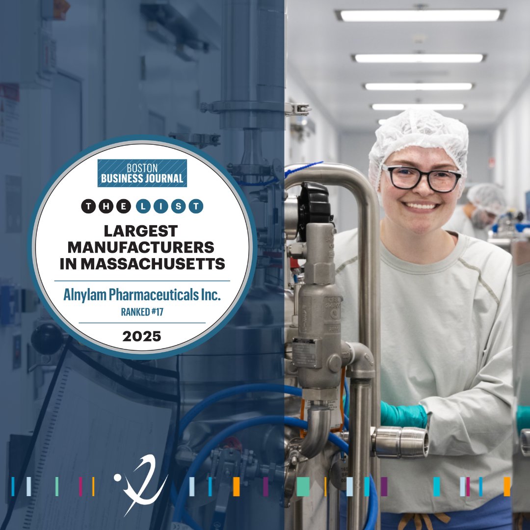 Alnylam Pharmaceuticals (@alnylam) on Twitter photo We’re proud to be ranked in the top 20 on <a href="/BosBizJournal/">Boston Business Journal</a>’s inaugural list of the Largest Massachusetts-Headquartered Manufacturers!
Early investment in local #manufacturing has helped strengthen our global supply chain and leadership delivering #RNAi therapeutics to patients. We’re proud to be ranked in the top 20 on <a href="/BosBizJournal/">Boston Business Journal</a>’s inaugural list of the Largest Massachusetts-Headquartered Manufacturers!
Early investment in local #manufacturing has helped strengthen our global supply chain and leadership delivering #RNAi therapeutics to patients.