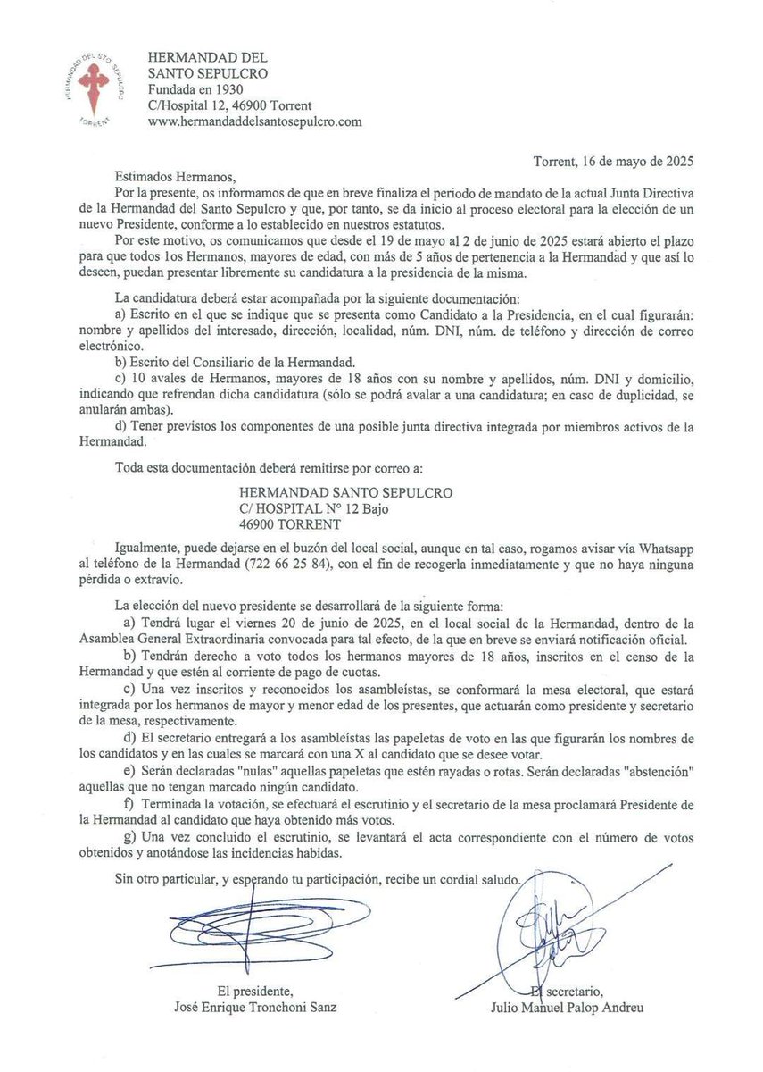 SepulcroTorrent's tweet photo. ‼️IMPORTANTE‼️
Próximas elecciones junta directiva Hermandad Santo Sepulcro https://t.co/49FikHIo7f
