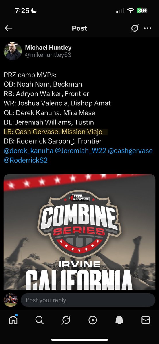 Cash Gervase (@cashgervase) on Twitter photo Thank you <a href="/CoachPaychek/">Eduardo Pacheco</a> for awarding me MVP for the linebackers! And thank you <a href="/PrepRedzone/">Prep Redzone 🏈</a> for the evaluation and the great camp! Thank you <a href="/CoachPaychek/">Eduardo Pacheco</a> for awarding me MVP for the linebackers! And thank you <a href="/PrepRedzone/">Prep Redzone 🏈</a> for the evaluation and the great camp!