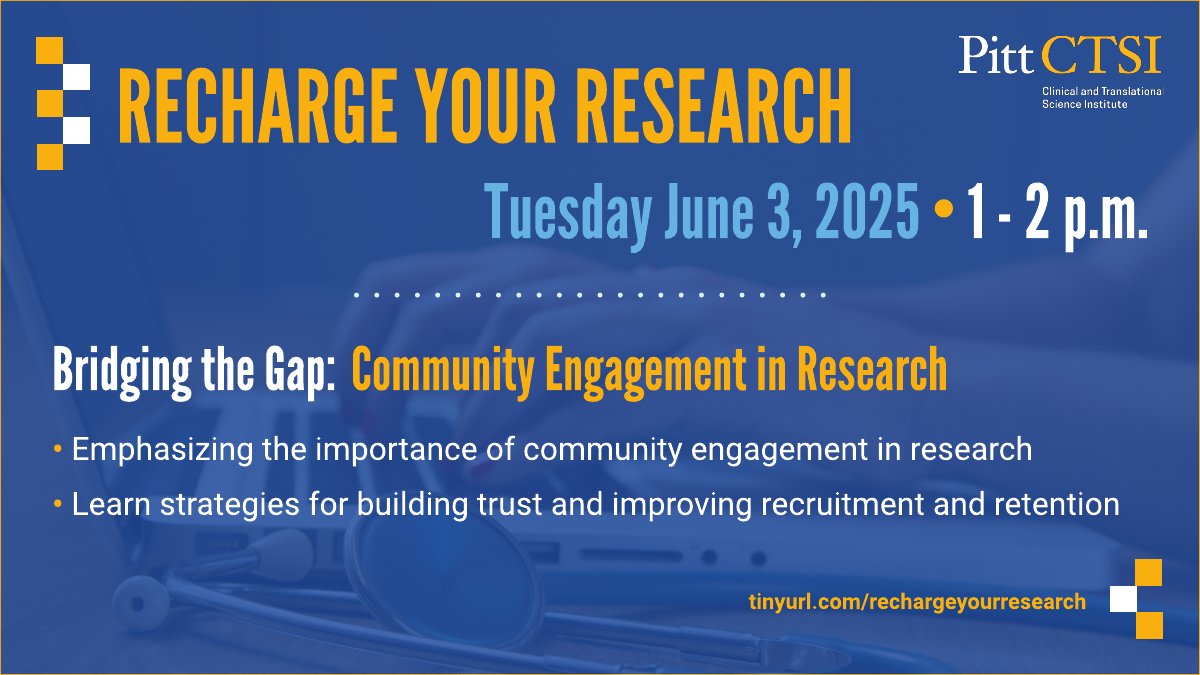 Clinical & Translational Science Institute (@pittctsi) on Twitter photo ๐ข Researchers: Enhance your studies with effective community engagement!
Join <a href="/PittCTSI/">Clinical & Translational Science Institute</a>โs virtual session on June 3, 2025, at 1 PM EDT to learn strategies for building trust, improving recruitment, and boosting study relevance.
๐ Register now: ow.ly/KtYl50VTYKO ๐ข Researchers: Enhance your studies with effective community engagement!
Join <a href="/PittCTSI/">Clinical & Translational Science Institute</a>โs virtual session on June 3, 2025, at 1 PM EDT to learn strategies for building trust, improving recruitment, and boosting study relevance.
๐ Register now: ow.ly/KtYl50VTYKO