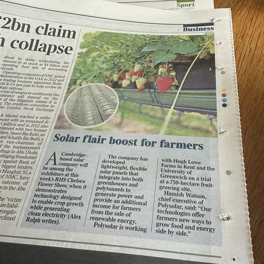 PolysolarPV's tweet image. We’re in today’s edition of @thetimes ! 🗞
Catch us all week at #RHSChelsea — come by Stand GPA006 to see the future of farming with @HughLoweFarms and @UniofGreenwich