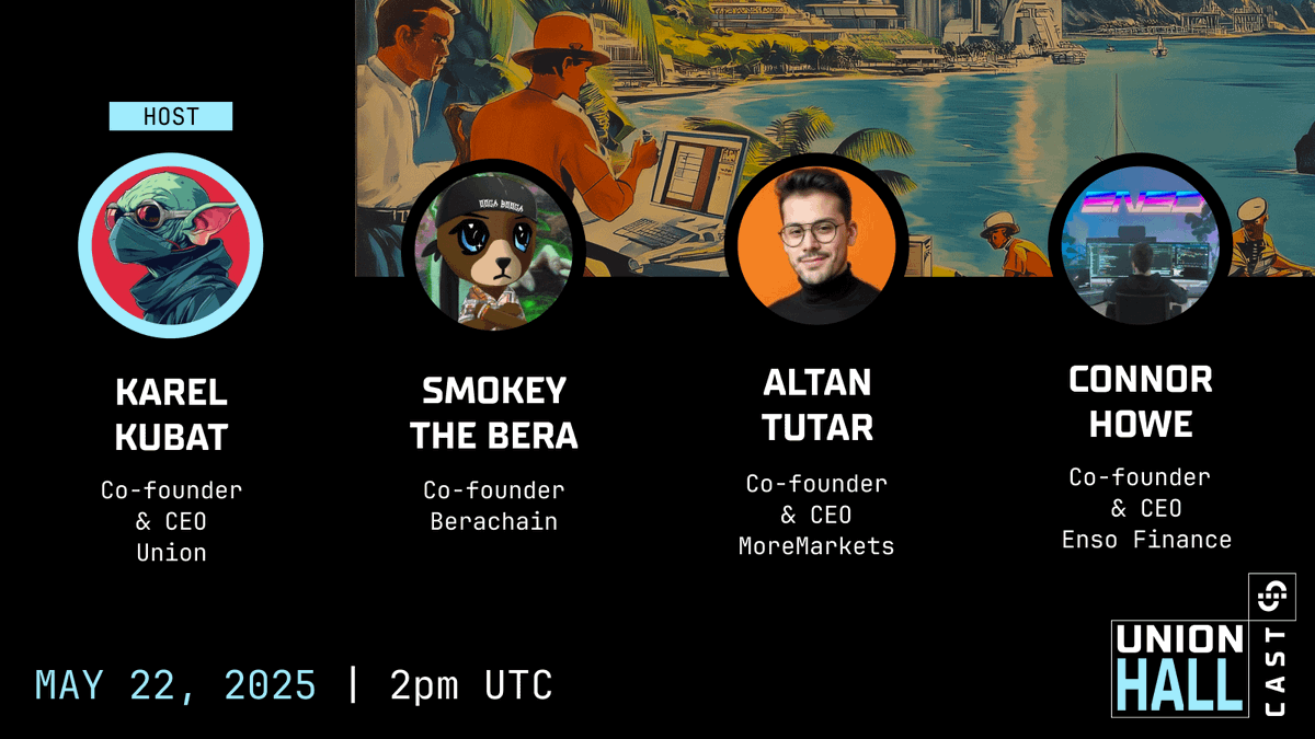 It’s that time again. Union Hall Cast is back this Thursday, hosted by <a href="/0xkaiserkarel/">0xkaiserkarel.union</a>. Expect more tech, more alpha, and these special guests:

<a href="/SmokeyTheBera/">Smokey The Bera 🐻⛓</a> | <a href="/berachain/">Berachain Foundation 🐻⛓</a>
<a href="/connor_enso/">Connor | ⌘ 🛠️</a> | <a href="/EnsoBuild/">Enso | ⌘ 🛠️</a>
<a href="/mraltantutar/">Altan Tutar</a> | <a href="/moremarketsxyz/">MoreMarkets</a>

Subscribe ↓