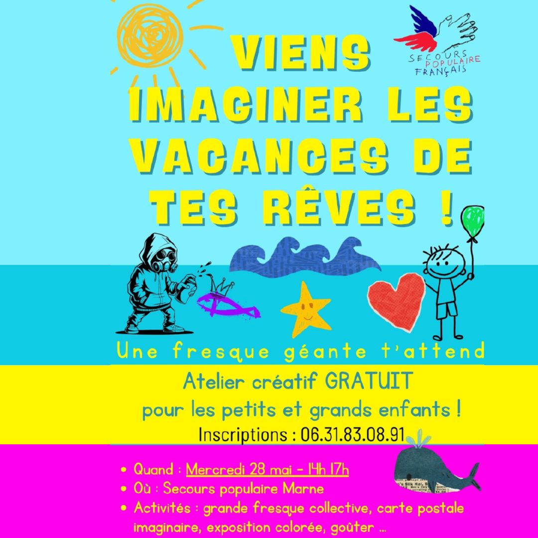 Secours Populaire 51 (@spfmarne) on Twitter photo 🎨 Viens créer une fresque géante avec nous !
🗓️Mercredi 28 mai
👧🧒Activité gratuite pour les enfants
🍪Goûter offert
📮Création de cartes postales
📍Sur inscription au 06 31 83 08 91
Un bel après-midi pour lancer la campagne vacances du <a href="/SecoursPop/">Secours populaire</a> ! 💙 🎨 Viens créer une fresque géante avec nous !
🗓️Mercredi 28 mai
👧🧒Activité gratuite pour les enfants
🍪Goûter offert
📮Création de cartes postales
📍Sur inscription au 06 31 83 08 91
Un bel après-midi pour lancer la campagne vacances du <a href="/SecoursPop/">Secours populaire</a> ! 💙