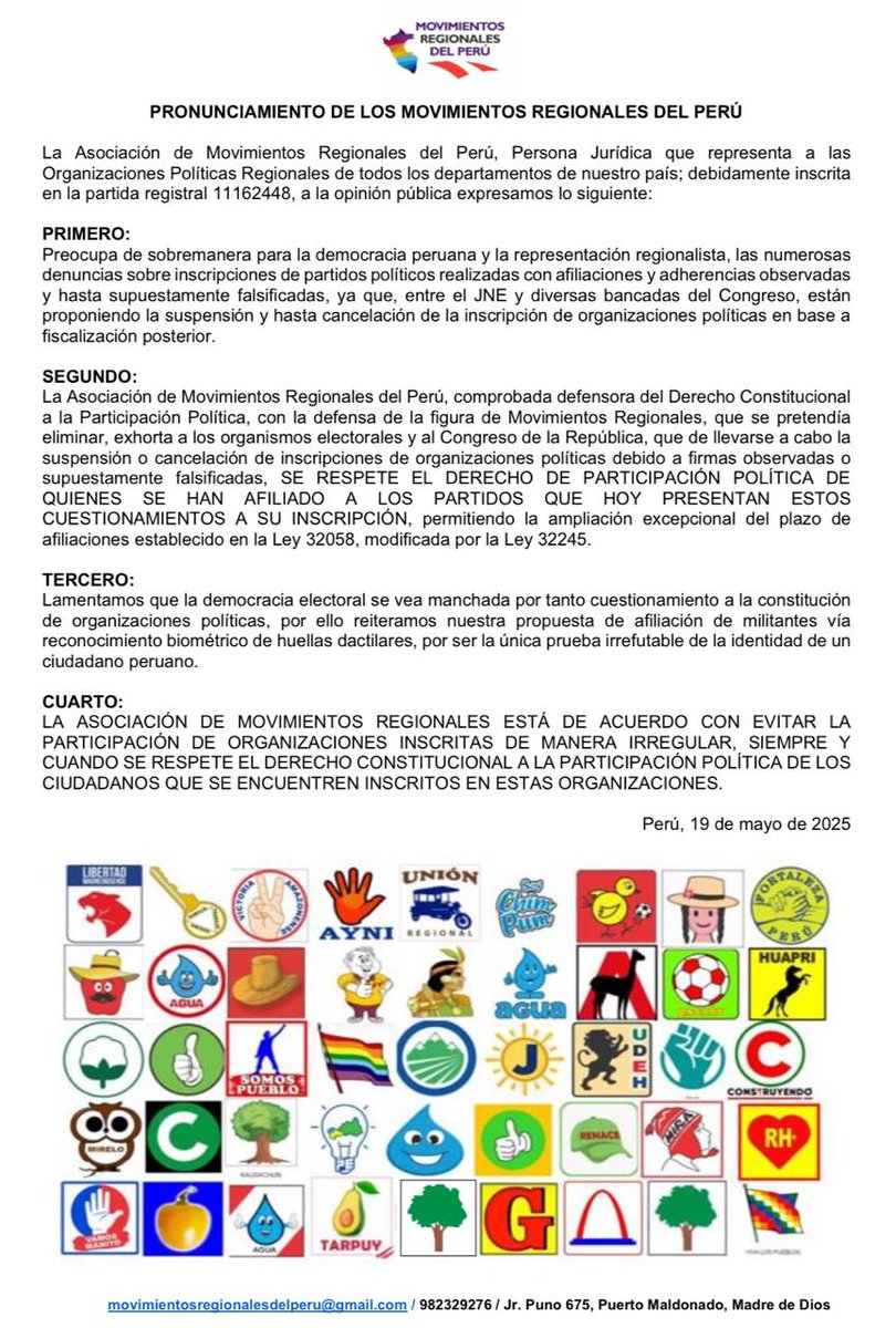 Asociación de Movimientos Regionales del Perú (@movregionales) on Twitter photo <a href="/MovRegionales/">Asociación de Movimientos Regionales del Perú</a> exhortan a <a href="/JNE_Peru/">JNE Perú</a>, <a href="/congresoperu/">Congreso del Perú 🇵🇪</a>, y demás órganos electorales a ampliar plazo de afiliaciones para peruanos que se vean afectados por partidos con afiliaciones observadas
<a href="/RPPNoticias/">RPP Noticias</a> <a href="/exitosape/">Exitosa Noticias</a> <a href="/larepublica_pe/">La República</a> <a href="/elcomercio_peru/">El Comercio</a> <a href="/ensustrece/">Semanario Hildebrandt en sus trece</a> <a href="/Latina_Noticias/">Latina Noticias</a> <a href="/MovRegionales/">Asociación de Movimientos Regionales del Perú</a> exhortan a <a href="/JNE_Peru/">JNE Perú</a>, <a href="/congresoperu/">Congreso del Perú 🇵🇪</a>, y demás órganos electorales a ampliar plazo de afiliaciones para peruanos que se vean afectados por partidos con afiliaciones observadas
<a href="/RPPNoticias/">RPP Noticias</a> <a href="/exitosape/">Exitosa Noticias</a> <a href="/larepublica_pe/">La República</a> <a href="/elcomercio_peru/">El Comercio</a> <a href="/ensustrece/">Semanario Hildebrandt en sus trece</a> <a href="/Latina_Noticias/">Latina Noticias</a>